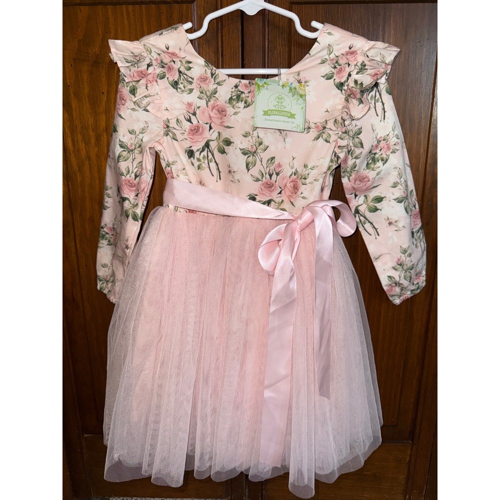 Flofallzique Girls Pink Floral Tutu Dress Rose Print Tulle Size 4 NWT